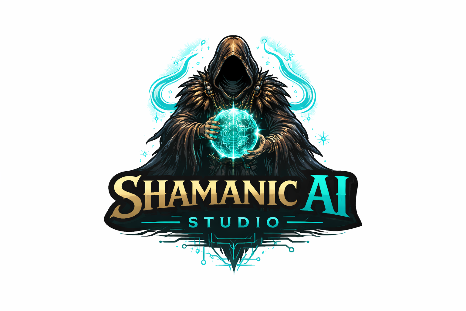 ShamanicAI Studio logo — a hooded figure holding a glowing cyan orb