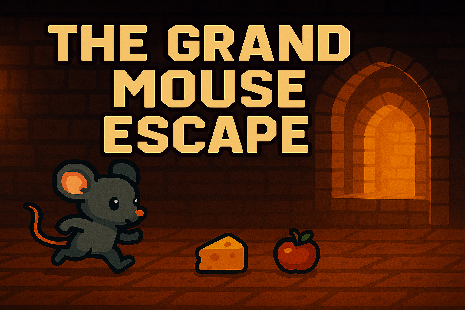 Pixel art of a small grey mouse running past a wheel of cheese toward an open door while a cat sleeps nearby
